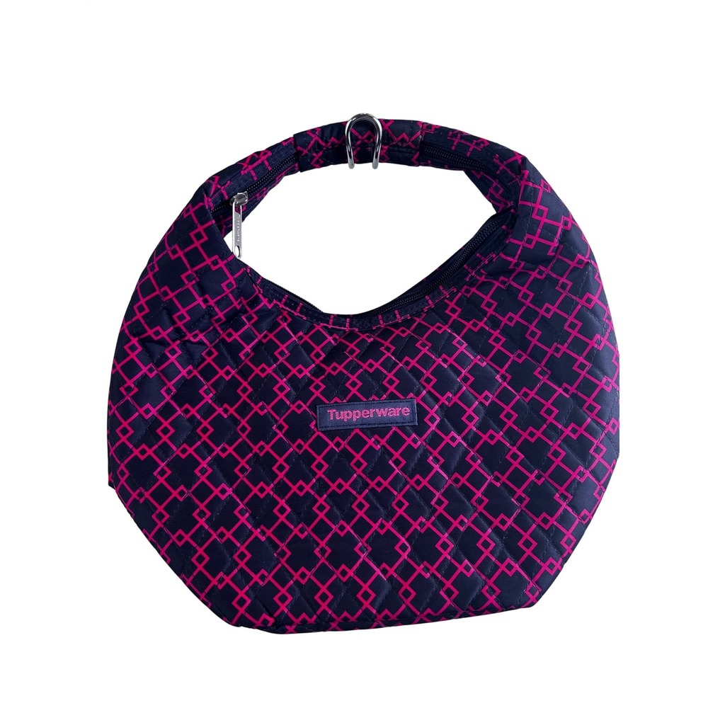 Tupperware Hobo Bag OS Pink Navy Geometric Quilted Zip Tote Women